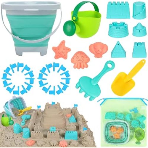 RACPNEL Beach Toys with Collapsible Bucket,Mesh Bag for Kids Ages 3-12