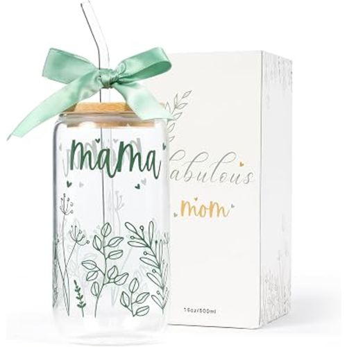 KMCCUMBER Gifts for Mom Bow New Mama Glass Cup with Lids and Straws | Cute Aesthetic Iced Coffee Cup Smoothie Tumbler Gift for Mothers Day Christmas Mom to be Birthday Presents for Women 16oz