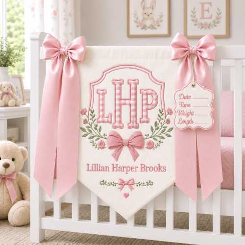 Custom Baby Banner with Birth Name Tag, Welcome Banner with Floral Crest, Bows Baby Banner, Hospital Door Sign, Baby Shower Gifts