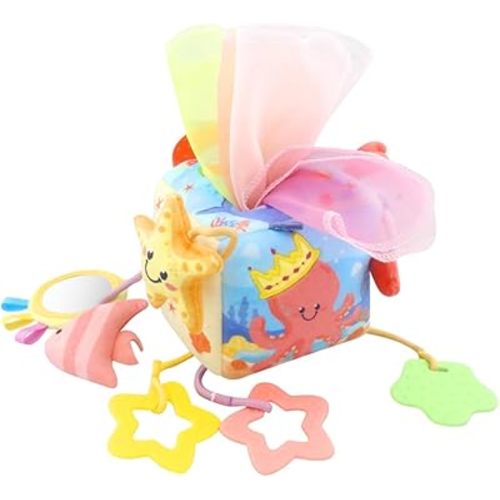 Caterbee Baby Sensory Tissue Box Toy with Hanging Hook – Pull Out Fabric Tissues, Rattle & Teether, Montessori Stroller & Car Seat Toy for Infants (Ocean)