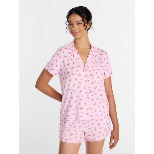 Joyspun Women’s Modal-Blend Ruffle Trim Notch Collar Top and Shorts Pajama Set, 2 Piece, Sizes XS-3X