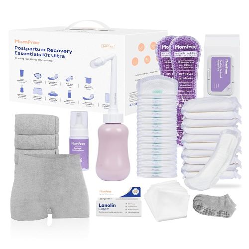 Upgraded Postpartum Essentials Recovery Kit for Women: Labor Delivery Post Partum - Perineal Healing Foam & Upside Down Peri Bottle | 6 Disposable Underwear | Soothing Pads | Nursing & Maxi Pads
