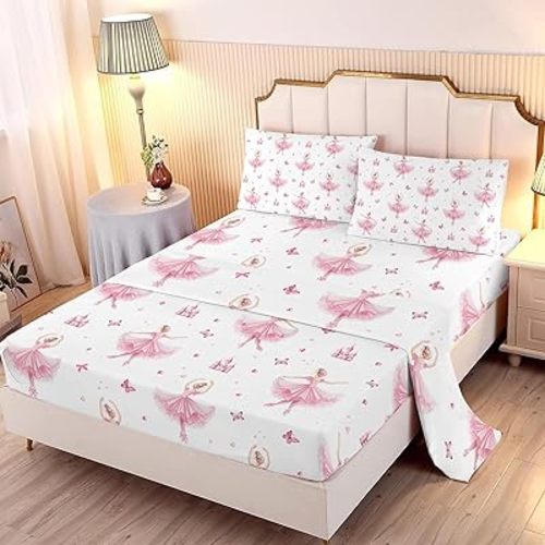 4Pcs Princess Sheets Ballet Dancer Twin Sheets Set Girls Bedding,Pink Girls Decoration Bedroom Bedding Set Twin Size Cute Sheet