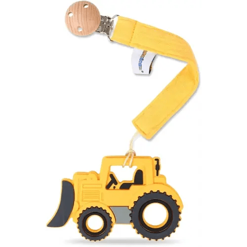 Baby Food Grade Silicone Car Teether Toy with Pacifier Clip Holder,Teething Pain Relief Toys Gift Set for 3 Months+ Boys and Girls,Freezer Safe,BPA Free (Bulldozer, Yellow)