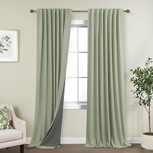 Sage Green Linen Blackout Curtains for Bedroom 84 Inch Long Black Out Pleated Thermal Darkening Light Blocking Boho Farmhouse Cottage Core Soundproof Sound Proof Curtains for Office Window Living Room