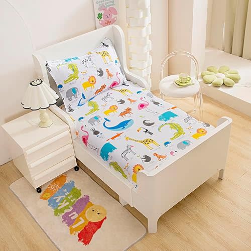 2PC Soft Bed Fitted Sheet and Pillowcases Set,Animals Printed Bed Sheets for Kids Boys Girls Twin Size Bed (Colorful Animals, Twin)