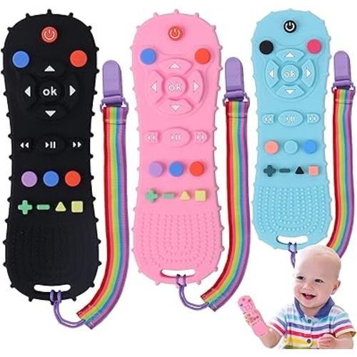 3 Pack Silicone Baby Remote Teether Chew Toy for Infant TV Teething Remote Control Shape for Babies 3 6 9 12 18 24 Months Safe Food Grade Silicone BPA Free