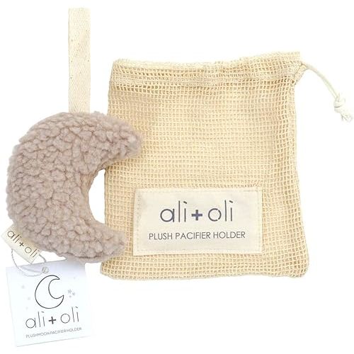 Ali+Oli Plush Pacifier Holder (Moon-Sand) Soft Binky Holder for Babies, Plush Holder for Pacifiers, Cute Baby Binkies Plush Holder, Pacifier Holder for Baby Boys & Girls, Baby Toy with Cute Decor