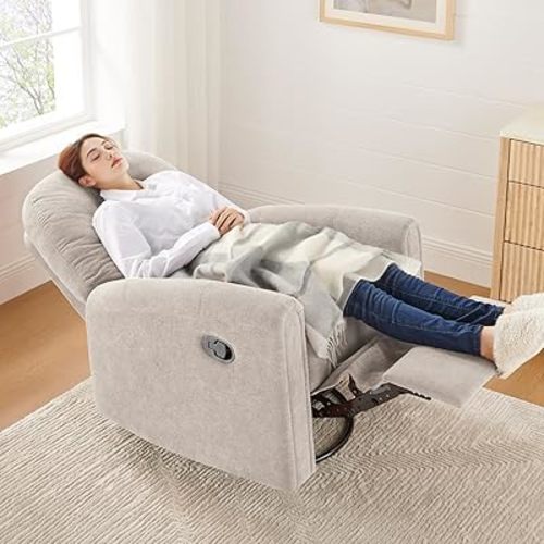 VANOMi 360 Swivel Rocker Recliner Chair, Nursery Rocking Chair with Tufted Backrest, Manual Recliner Chairs for Small Spaces, Upholstered Glider Nursing Chair for Living Room, Bedroom (Camel)