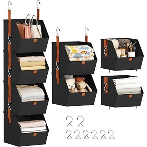 Hanging Closet Organizer 4 Tier - Clothes Hanging Shelves, Space-Saving Closet System, Fabric Storage Bins Bedroom Organization, Collapsible Baskets for Home, Dorm, Rv, Black