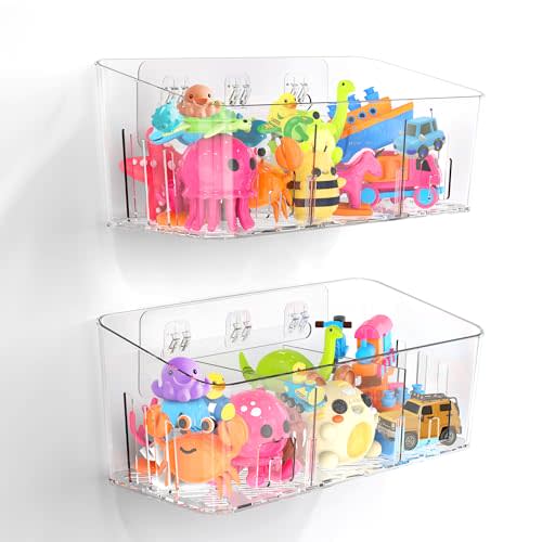 Bath Toy Storage 2 Packs, Large Bath Toy Holder - 3 Compartments, Quick-Dry | BPA-Free Bathtub Toy Organizer, Wall-Mounted Adhesive Shower Caddy, Bathroom Toy Basket & Bin for Baby, Toddler, Kids, Clear