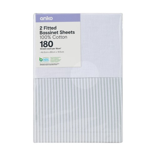2 Pack Cotton Fitted Bassinet Sheets - White and Stripe - Kmart