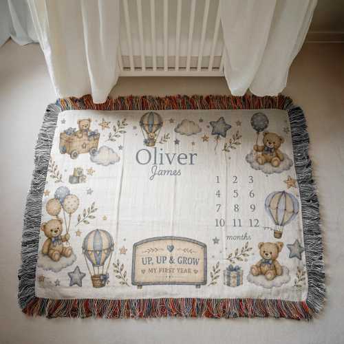 Personalized Teddy Bear Milestone Blanket, Custom Name Monthly Woven Blanket, Hot Air Balloon Nursery, Newborn Keepsake Baby Shower Gift