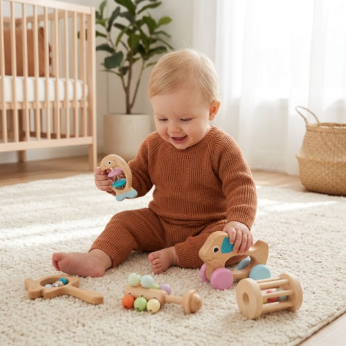 Wooden Baby Gift Set – Rattle & Musical Toy Set for Newborns – Kids Australia