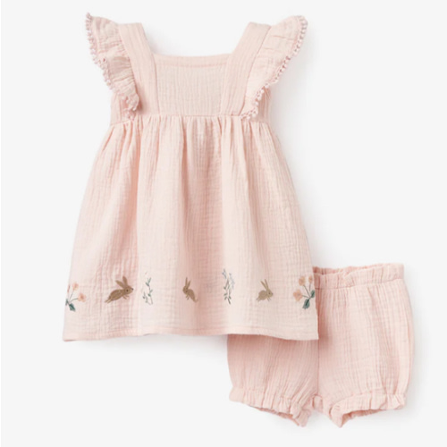 Blush Pink Garden Picnic Embroidered Organic Muslin Dress w/ Bloomer