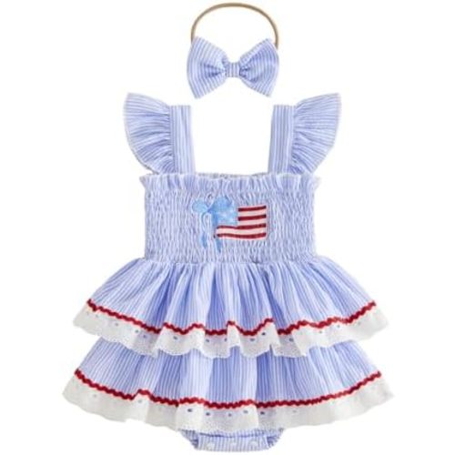 Adobabirl Baby Girl 4th of July Outfit American Flag Dress Romper Lace Ruffle Layered Skirt Bodysuit Patriotic Baby Clothes 6-12 months