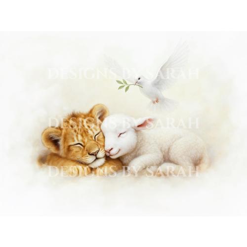 Lion and Lamb with Dove Christian Nursery Printable Wall Art Spiritual Baby Room Decor Religious Animal Print Peaceful Kids Digital Download