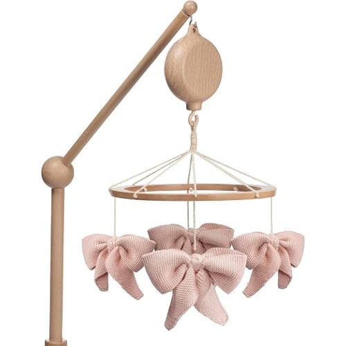 Lambs & Ivy Organic Pink Bows Wood Baby Crib Mobile Soother Toy/Decor