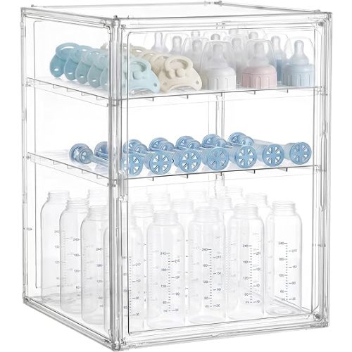HBlife Baby Bottle Storage Organizer for Countertop Cabinet, 3 Tiers Adjustable Clear Acrylic Bottles Storage Station Case Box Container with 2 Removable Dividers and Magnetic Door, XXL