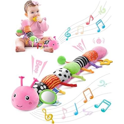LIGHTDESIRE Baby Toys Musical Caterpillar,Infant Toys 3 6 12 Months Sensory Toy with Ruler Design,Mirror,Pull String,Crinkle&Ring Bell,Baby Teething Toy for Tummy Time Boy Girl Gifts (Rose Pink)