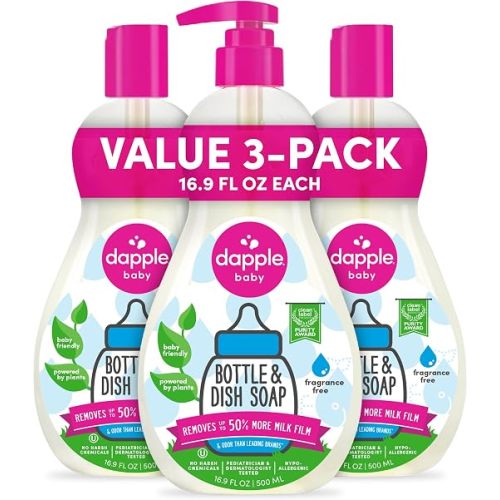 Dapple Baby Fragrance Free Bottle & Dish Soap - (3 Pack) 16.9 fl oz - Cleans Baby Bottles, Sippy Cups, Pacifiers, Breast Pumps, & More - Gently Removes Milk Film & Odors - Includes 1 Pump