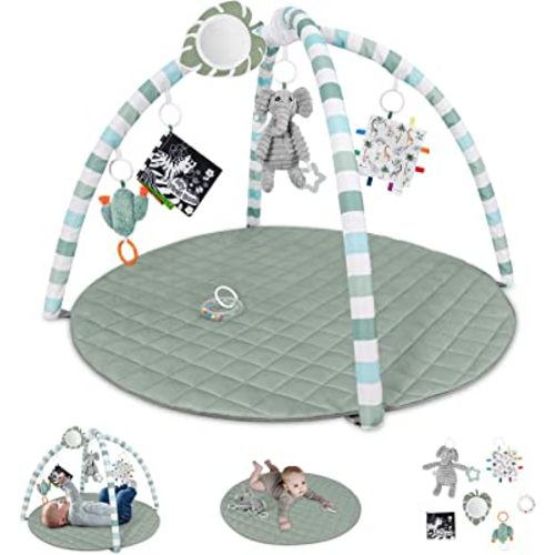Baby Play Gym Mat, Tummy Time Activity Mat with 6 Detachable Toys for Stage-Based Sensory and Motor Skill Development, Washable Play Mats for Infant, Newborn Baby Essentials, Sage Green
