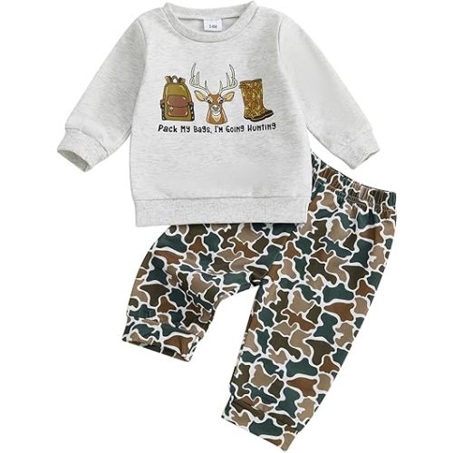 Toddler Baby Boy Hunting Clothes Reindeer Embroidery Long Sleeve Sweatshirt Jungle Camo Pants Set Fall Winter Outfit