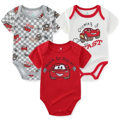 Disney Cars Lightning McQueen Tow Mater Baby Boys 3 Pack Bodysuit Creeper for Newborn and Infant