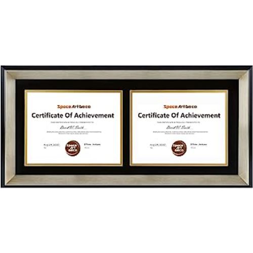 Space Art Deco, 12x26 Black Picture Frame with Silver Beveled Edge - Black/Gold Double Mat for 8.5x11 Photo/Diploma Display - Sawtooth Hanger - Wall Mount - Shatter-Resistant Glass, Horizontal