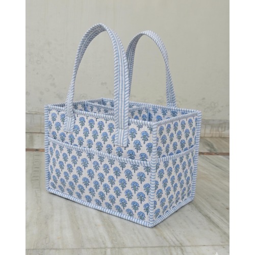 Blue Floral Quilted Cotton Nappy Caddy, Baby Diaper Organizer Basket, Nursery Storage Bin