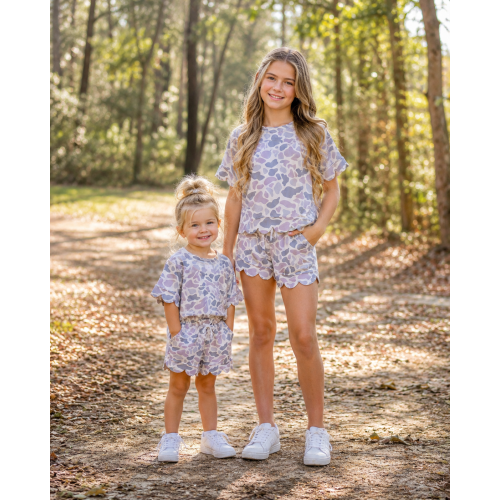 Girls Scalloped shorts set in Mossy Grey – Salty Sue