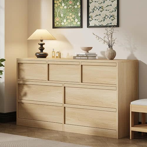 Garvee 7 Dresser for Bedroom, 54" Wide Dresser, Freestanding Horizontal Drawer with Storage, Wooden Closet Chest Storage for Living Room, Hallway, Entryway, Natural Oak