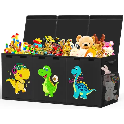 Extra Large Toy Box, Collapsible Toddlers Toy Chest Kids Storage Organizer, Dinosaur Bin Boxes Storage Basket with Lids for Boys, Girls, Living Room, Nursery, Playroom, 40"x14"x16", Black