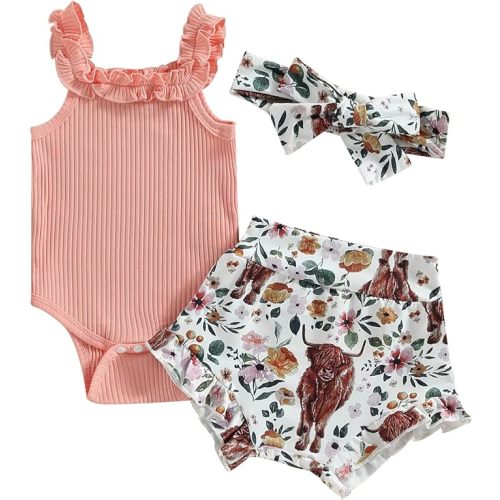3pcs Toddler Girls Summer Outfits Ribbed Halter Crop Top Romper Bodysuit +Floral Bloomer Shorts+Headband Clothes Set
