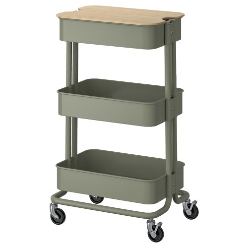 RÅSKOG / NORRÅVA Trolley with lid - grey-green 35x45x77 cm