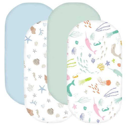Little Grape Land Baby Bassinet Sheet Sets, 4 Pack Universal Fitted Bassinet Sheets, Breathable Microfiber for Bassinet Mattress (33"x18"x4"), Ocean/Shell/Mint/Blue