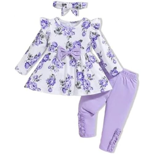 Toddler Baby Girl Clothes Infant Girl Outfits Fall Ruffle Floral T-Shirt Top Pants Set Winter Spring Clothes