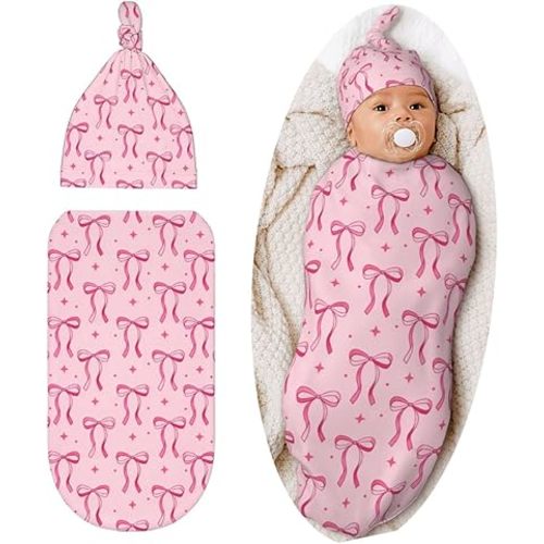Lcokin Pink Bow Baby Stuff Swaddle Blanket Hat Set, Newborn Receiving Blanket Shower Gift for Boys Girls