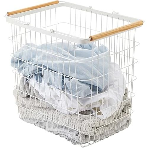 Yamazaki Home Tosca Laundry Basket - Laundry Basket With Wooden Handles - Large, 15" - Steel + Wood - 8.7 Gallons, 33 Liters