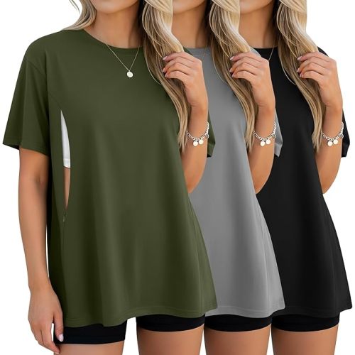3 Pack Women's Oversize Nursing Breastfeeding Shirts Hidden Zipper Short Sleeve Loose Fit Maternity Tops