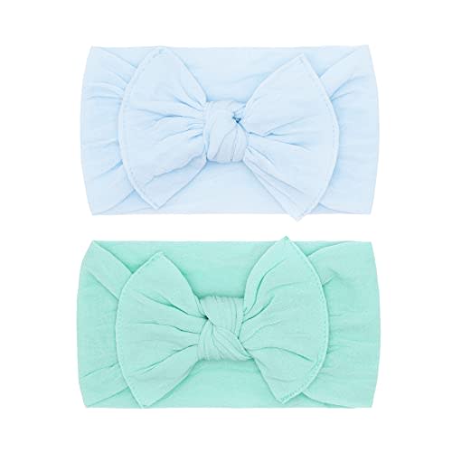 Baby Bling Bows - Newborn to Little Baby Girl Bows, 2 Pack Nylon Super Soft Stretchy Knot Toddler Headbands, Perfect Hair Accessories Head Bands for Infant Kids(Sky & Seafoam)