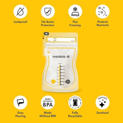 Medela Easy Verser Lot de 100 sacs de conservation jetables pour lait maternel, capacité 210 ml, design anti-fuite avec protection du lait, fabriqués sans BPA