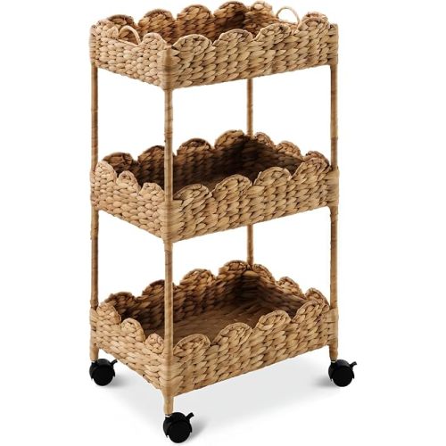Best Choice Products 3-Tier Scalloped Nursery Caddy w/Wheels, Handwoven Utility Cart, Storage Organization for Bathroom, Craft Room, Laundry Room - Chestnut