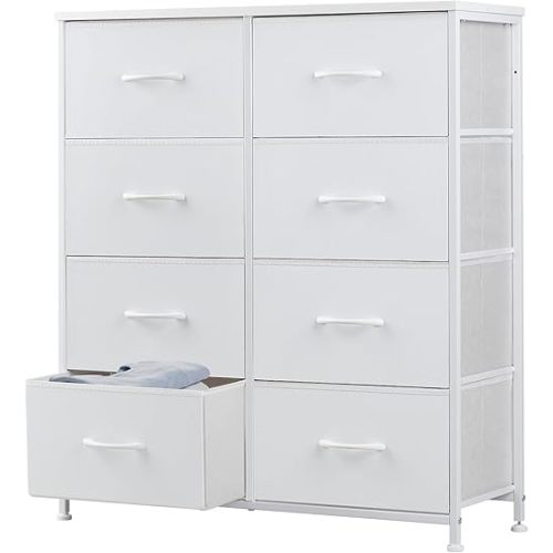 DUMOS Dresser for Bedroom with 8 Fabric Drawers, Tall Chest Organizer Units for Clothing, Closet, Kidsroom, Storage Tower with Cabinet, Metal Frame, Wooden Top, Lightweight Nursery Furniture, White