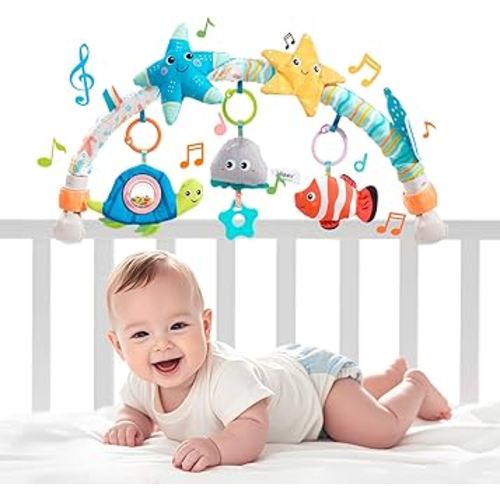 Jollybaby Musical Bassinet Stroller Crib Mobile Toy for Baby 0-6-12 Months, Infant Clip On Arch Hanging Toy with Music, Montessori Sensory Nursery Mobiles Attachment Toy for Newborn Gift - Starfish