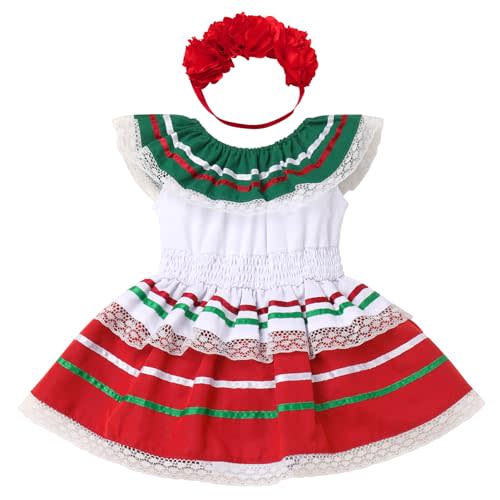 FYMNSI Baby Girls Mexican Romper Dress with Floral Headband Toddler Ruffle Lace Casual Mexico Traditional Folk Drape Dresses