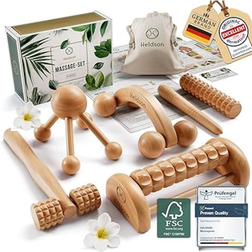 HELDSON® Wooden Therapy Massage Tools [6 Pieces] - Wood Rollers for Body Sculpting - Lymphatic Drainage Massager - Cellulite Tool - Maderoterapia Kit - Back Rolling Stick - Wellness Gifts Women, Men