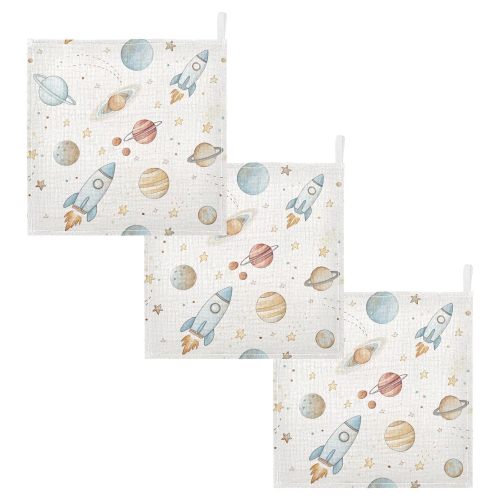 Planets Baby Washcloths 12x12 Inch - Luxurious Soft Wash Cloths, Ultra Absorbent 4 Layers Cotton Muslin, Hanging Face Towels for Newborn 3 Pack