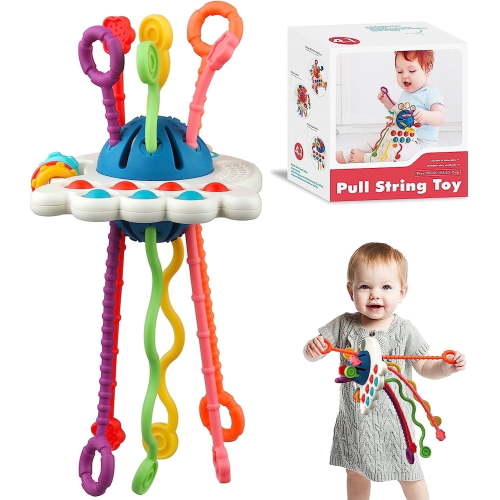 BEEPRINCESS Baby Sensory Toys 0-18 Months, All-in-One Montessori Travel Toy with Pull String Activity, Develops Fine Motor Skills for Infants & 1 Year Olds