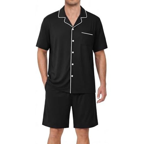 Ekouaer Mens Pajamas Set Summer Short Sleeve Button Up Pjs 2 Piece Sleepwear with Pockets S-XXXL
